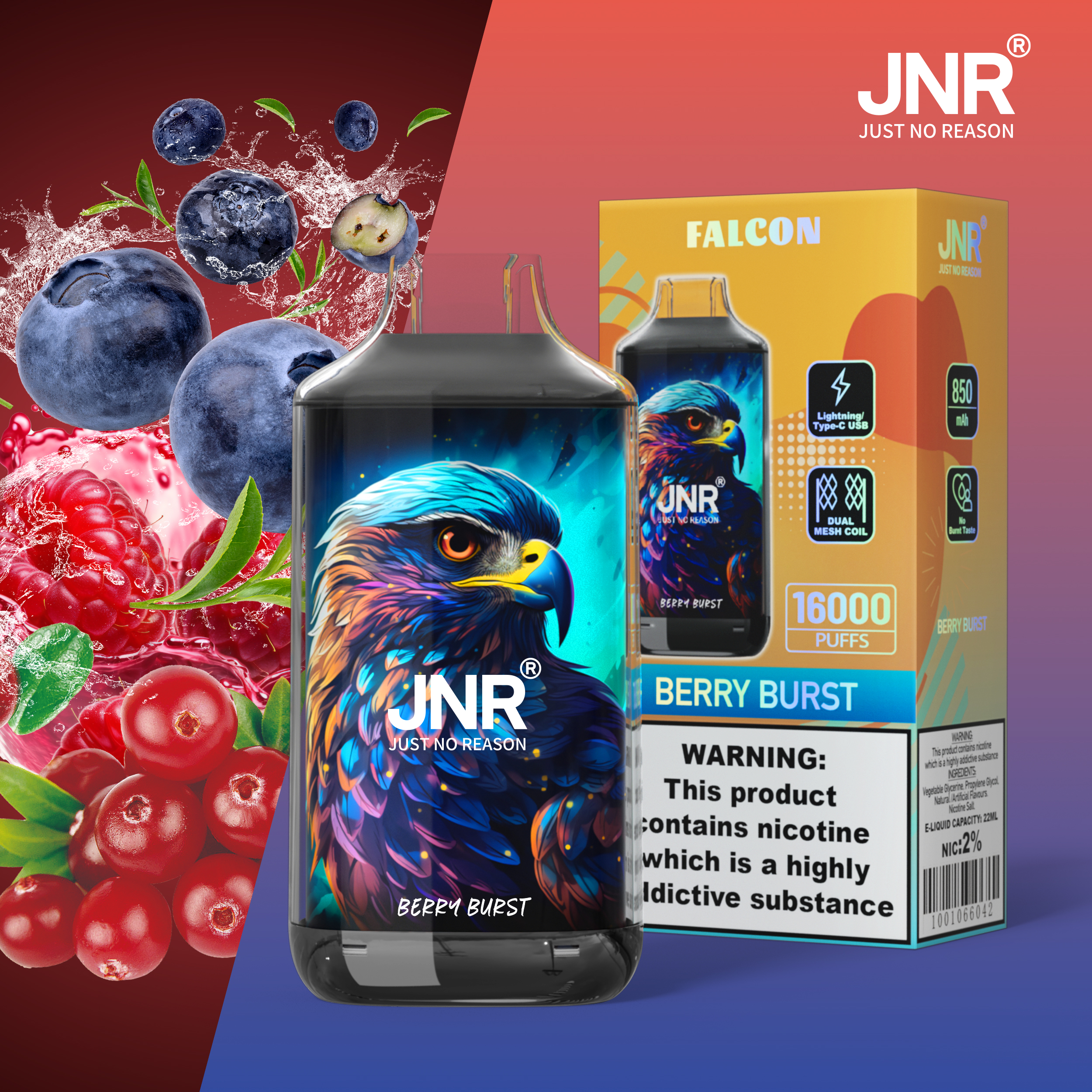 JNR Falcon 16000 Berry Burst Vape Jetable Saveur Intense