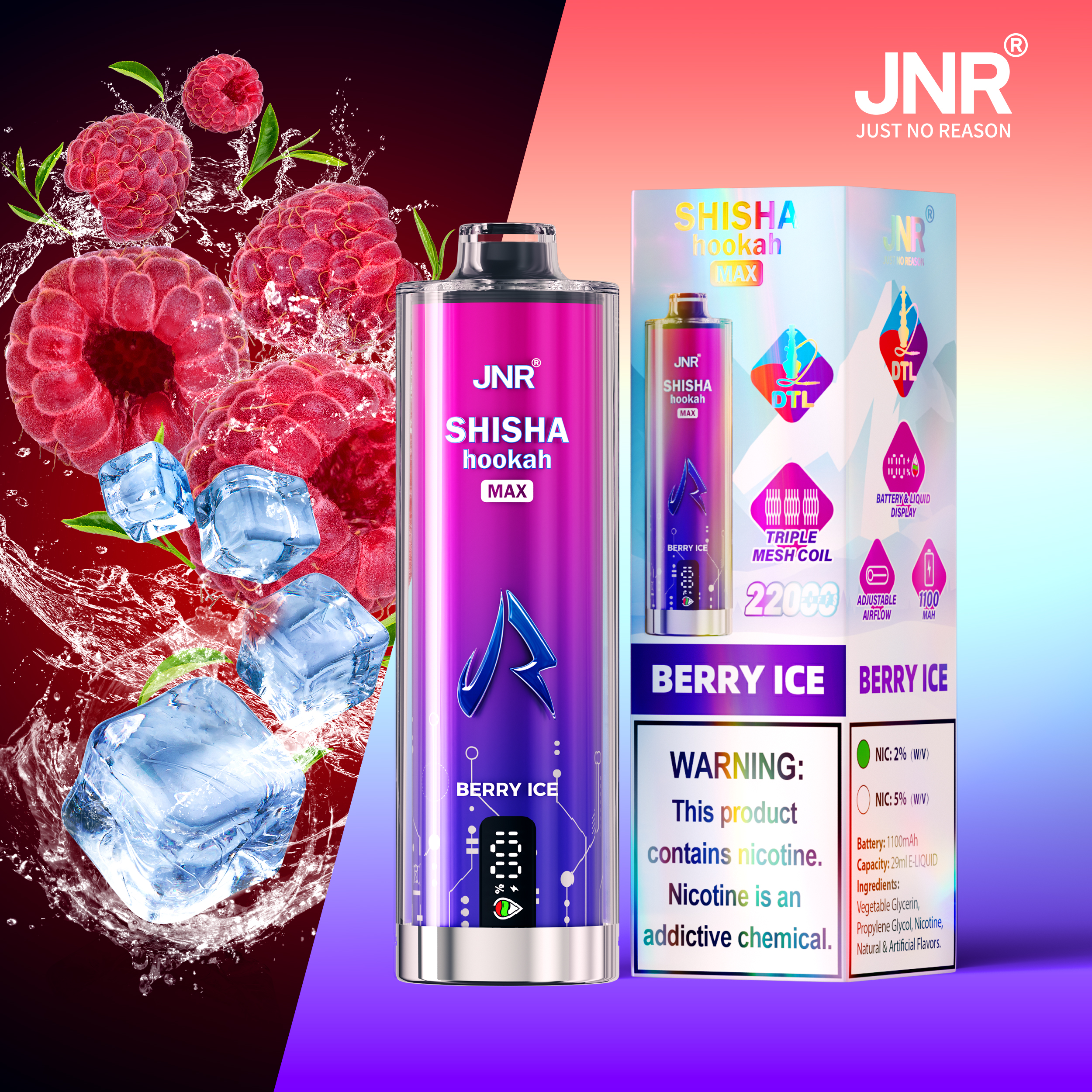 JNR SHISHA MAX 22000 Berry Ice Vape Jetable â Saveur Baies GlacĂ©es