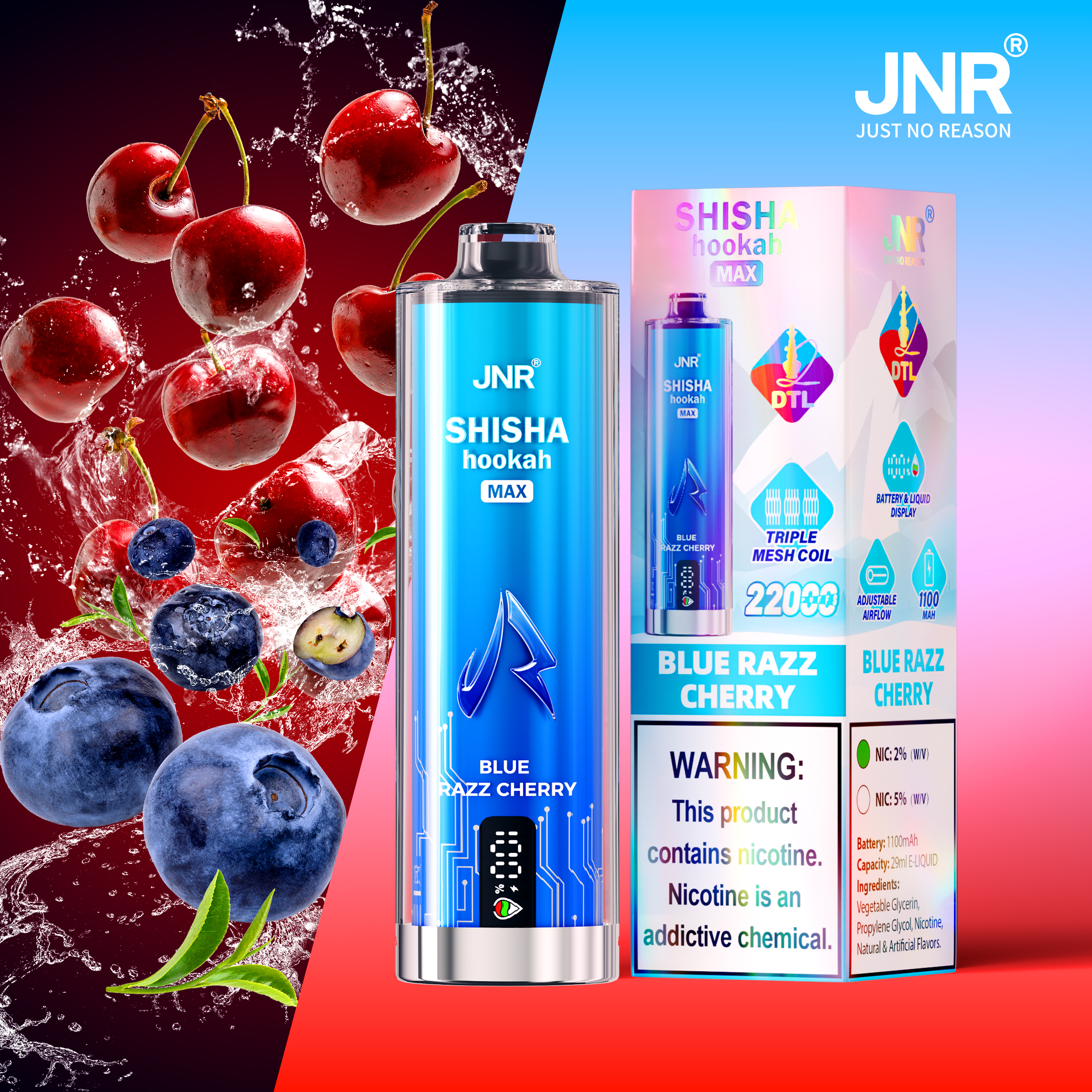 JNR Shisha Max 22000 Blue Razz Cherry Vape Fruité Intense