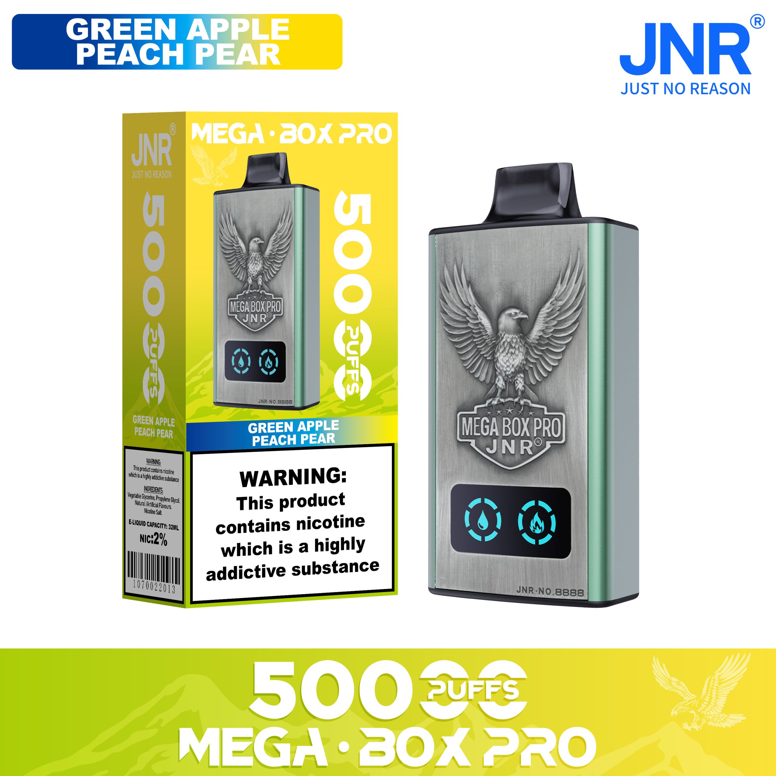 JNR Mega Box Pro 50000 – Vape Rechargeable Green Apple Peach Pear