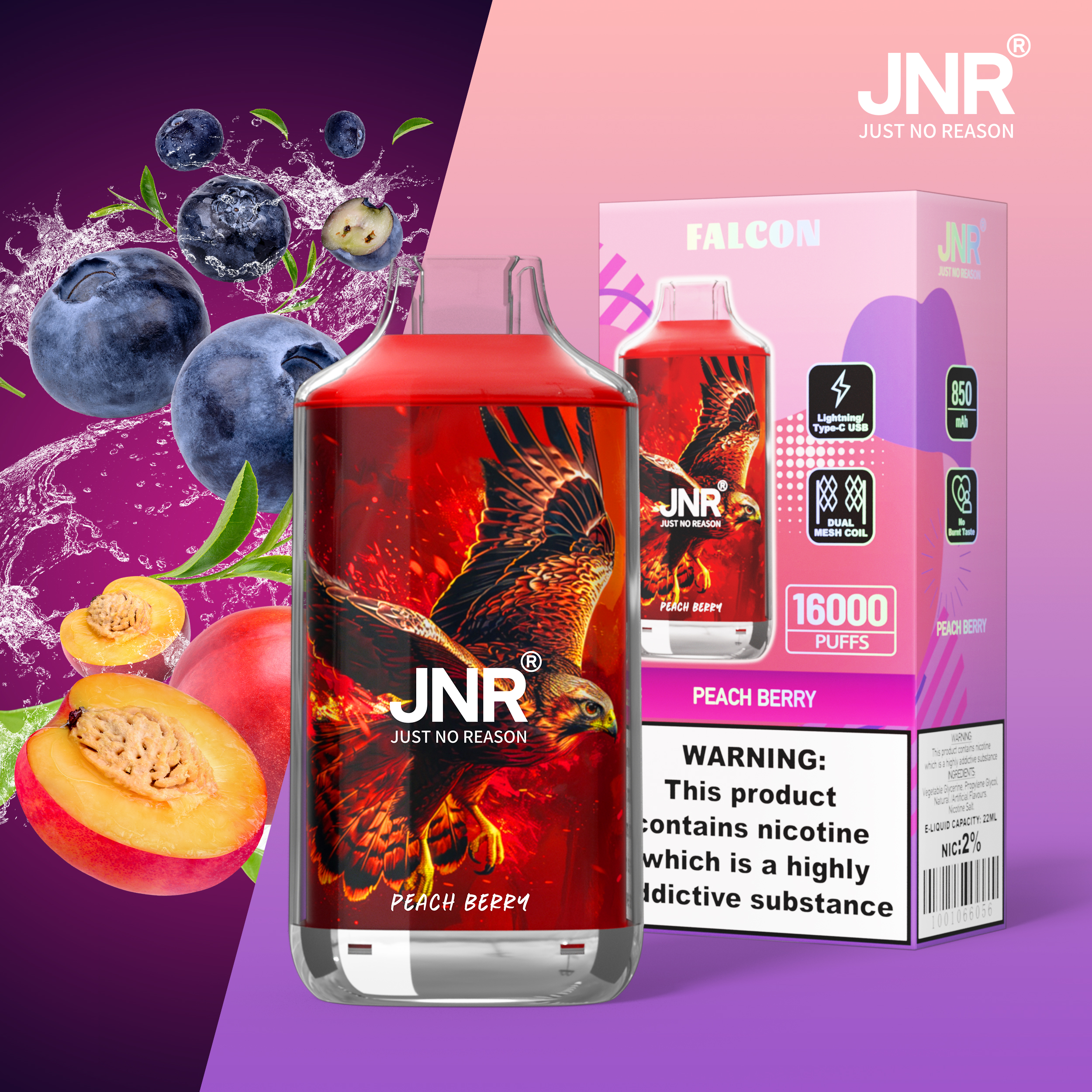 JNR Falcon 16000 Peach Berry Vape â Saveur Velours FruitĂ©e