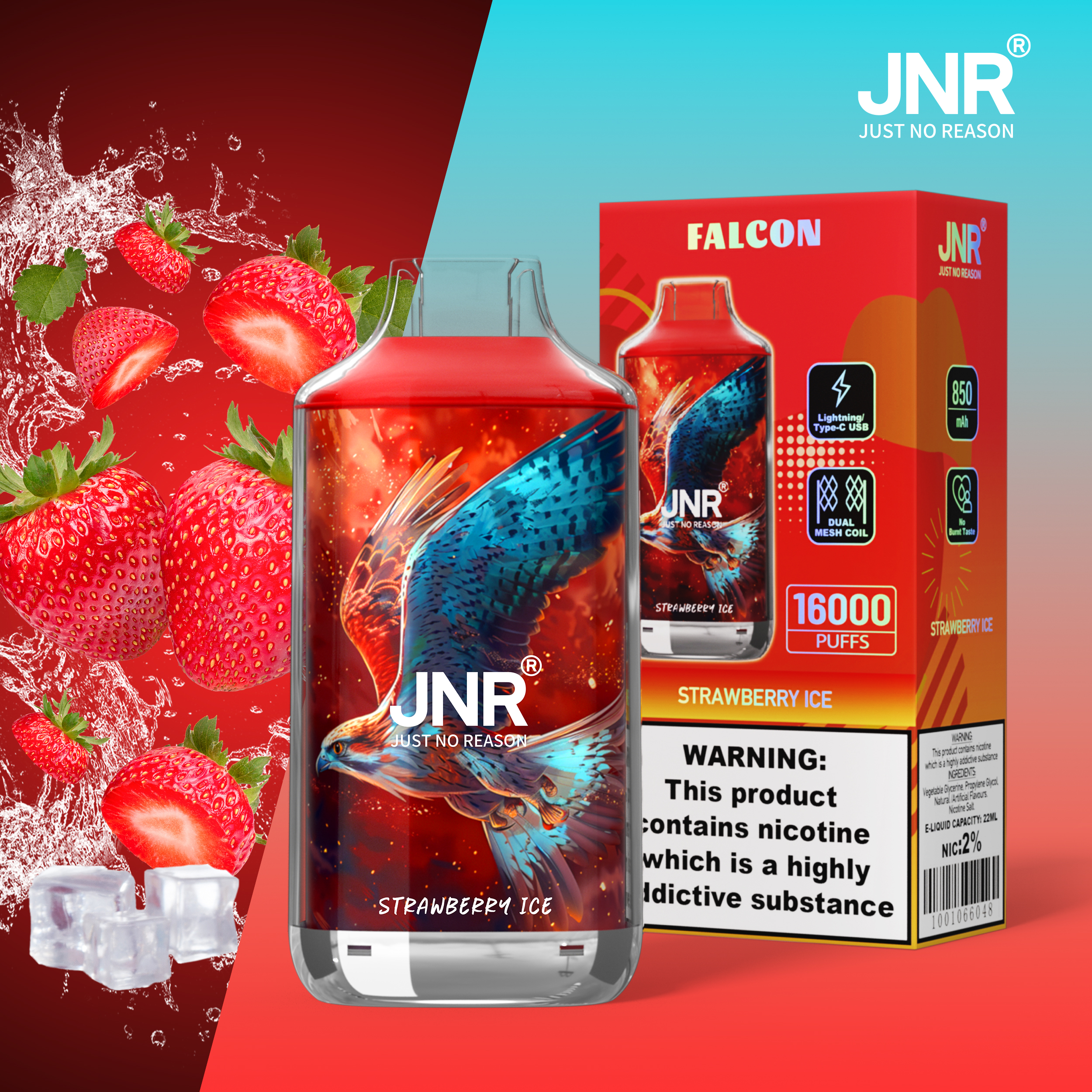 JNR Falcon 16000 Strawberry Ice â Vape Jetable Saveur Fraise GlacĂ©e