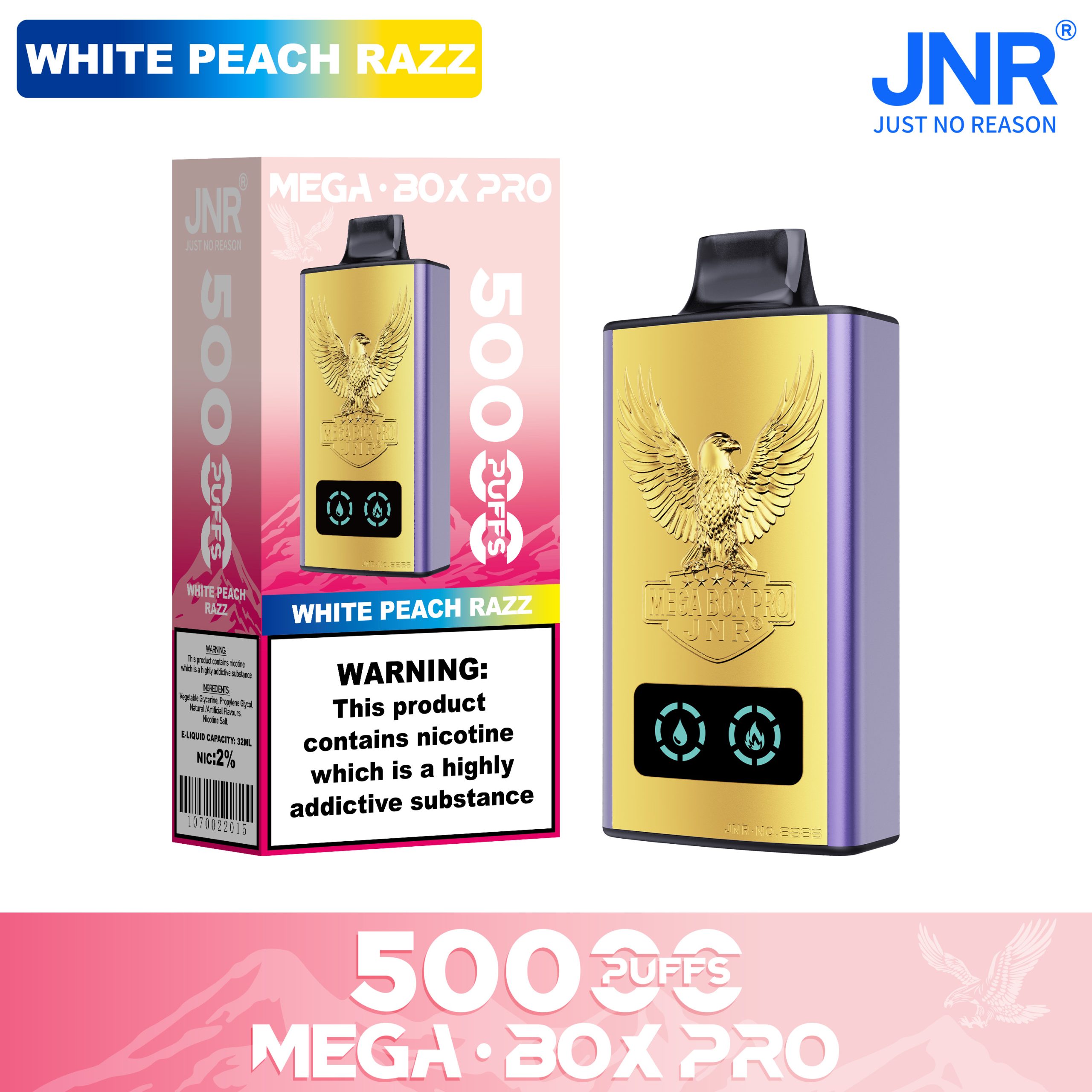 White Peach Razz JNR Mega Box Pro 50000 Vape Saveur Fruitée Sophistiquée